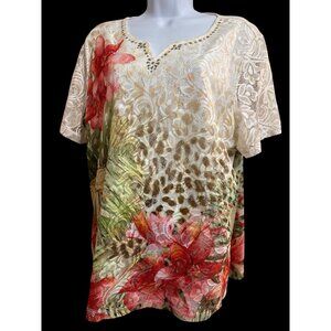 Alfred Dunner Lacy Floral Top Size Large Beaded Animal Print EUC